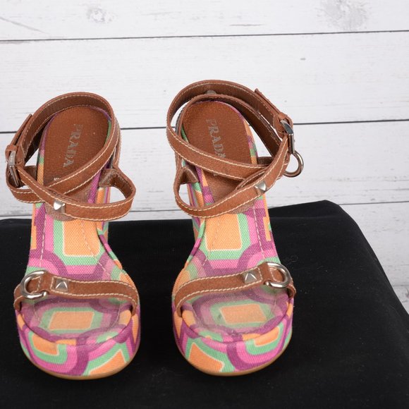 Prada Canvas Wedge Sandals with Studded Straps - Picture 2 of 6